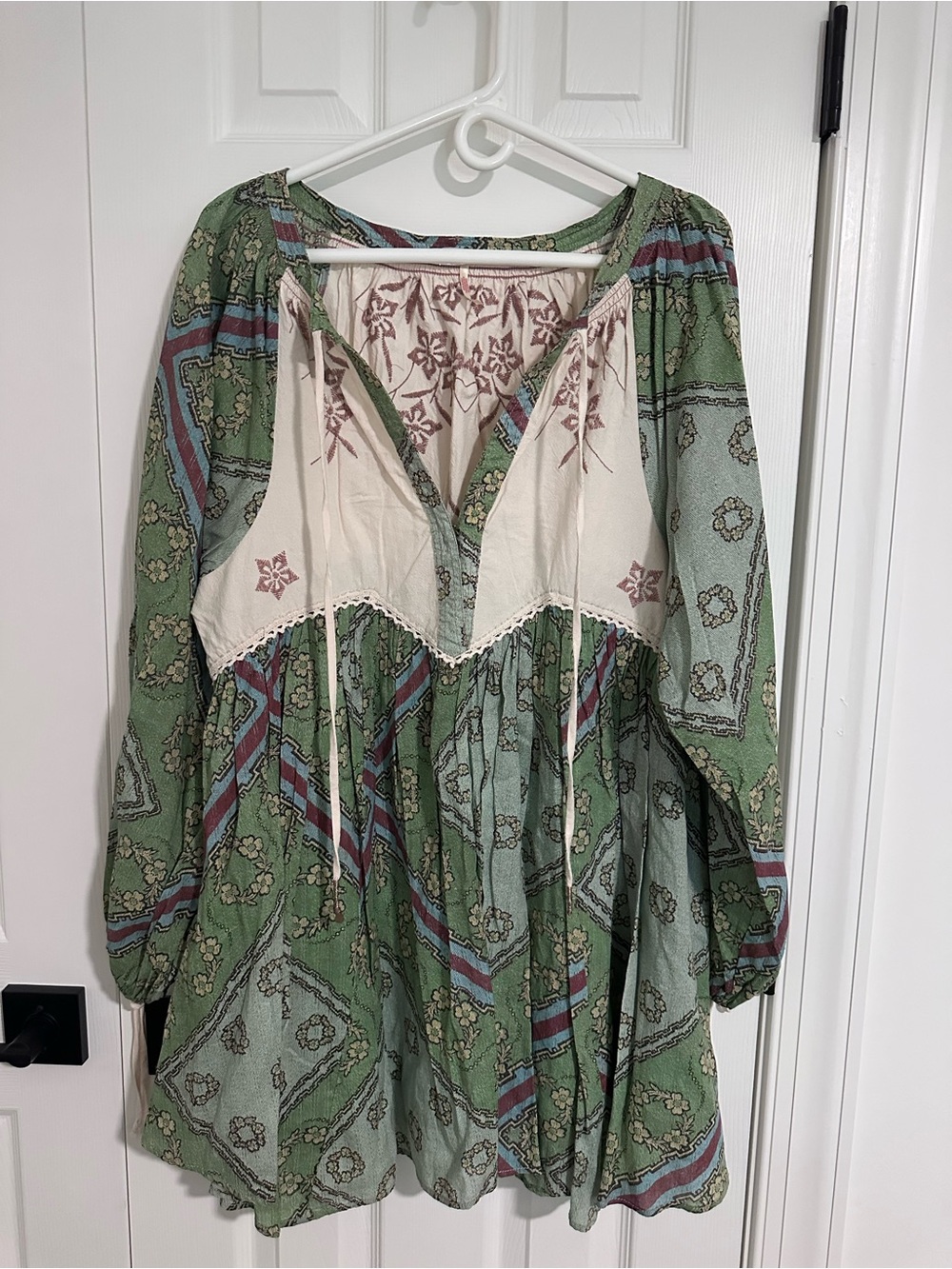 Free People Green Printed Long Sleeve Peasant Dress with Cream Yoke